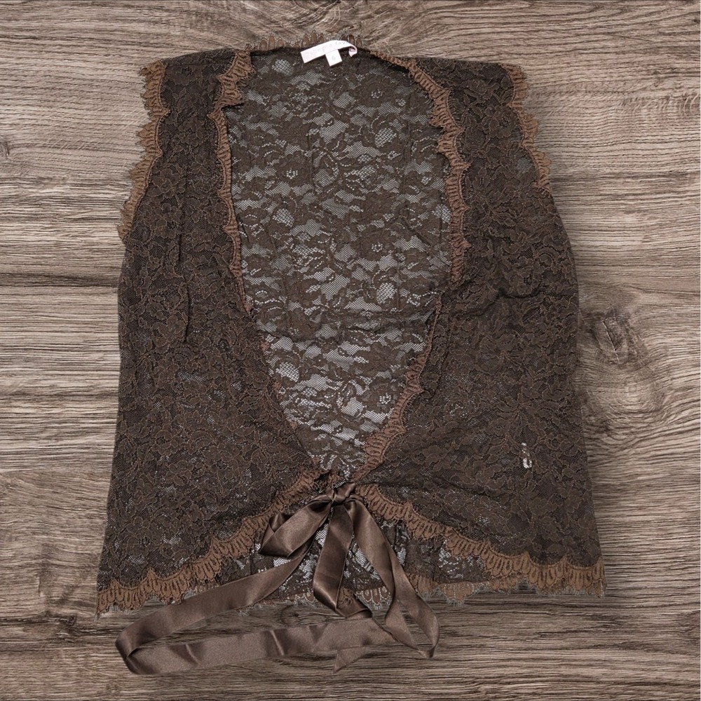 Rebecca Taylor Brown Floral Brown 6 Lace Vest Satin Ribbon Tie Sleeveless Sheer